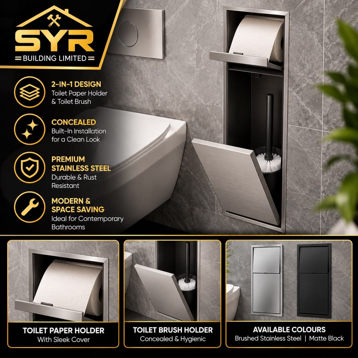 Concealed 2-in-1 Recessed Toilet Brush & Toilet Paper Holder