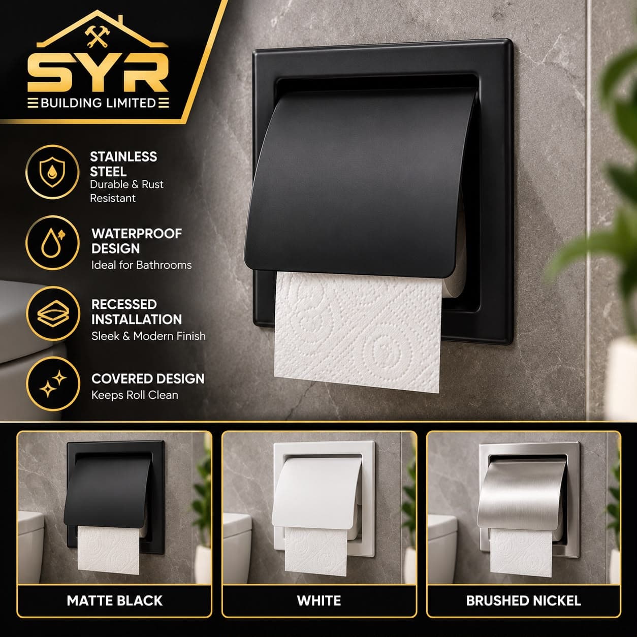 Recessed Stainless Steel Toilet Paper Holder with Cover