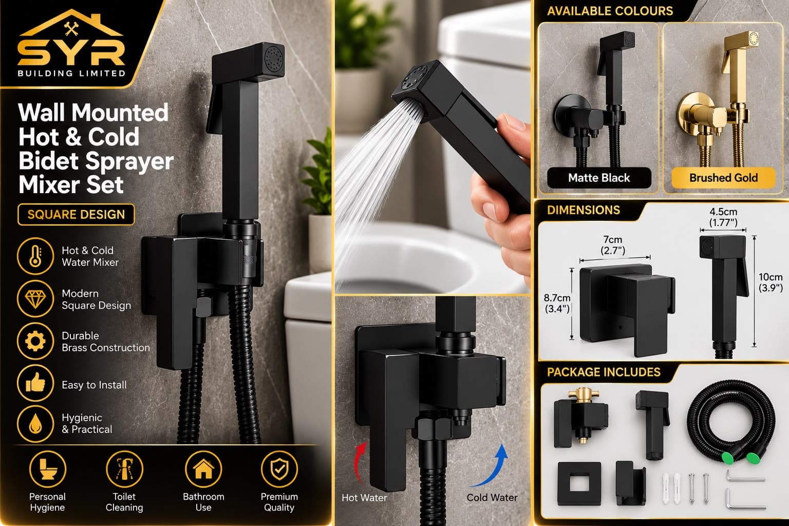 Wall Mounted Hot & Cold Bidet Sprayer Mixer Set - Square Design